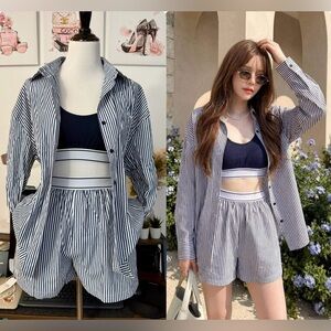 🍒Brand New Cotton Candy Navy & White Striped High-Waist Shorts Set 3&1